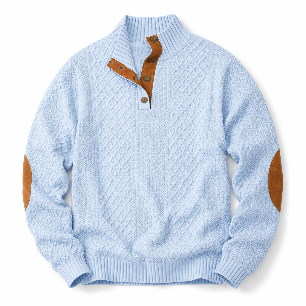 AtlasForge™ – Textured Jacquard Stand-Collar Sweater with Elbow Patches