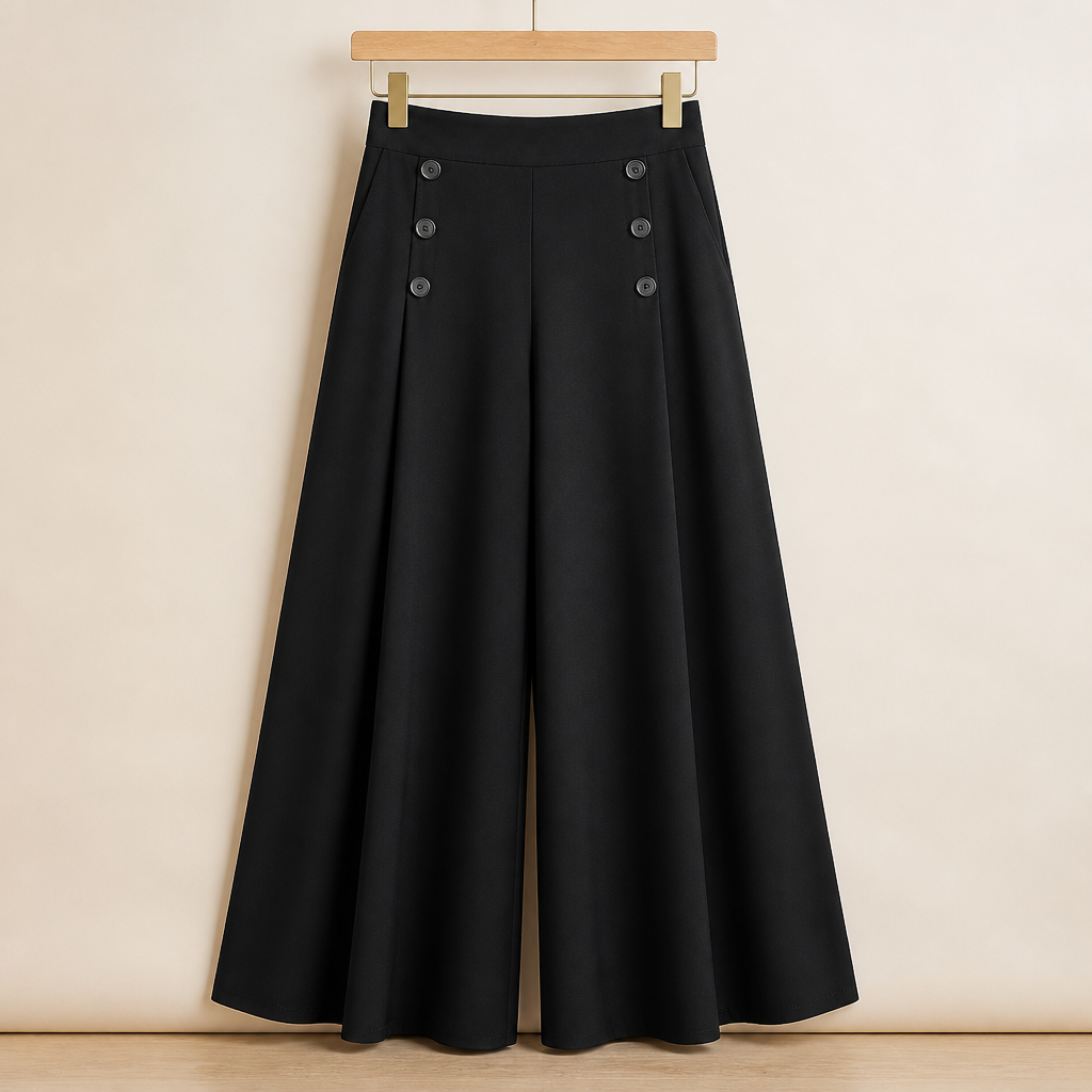VeroLuxe™ – Flowy Pleated Wide-Leg Pants with Side Button Detail
