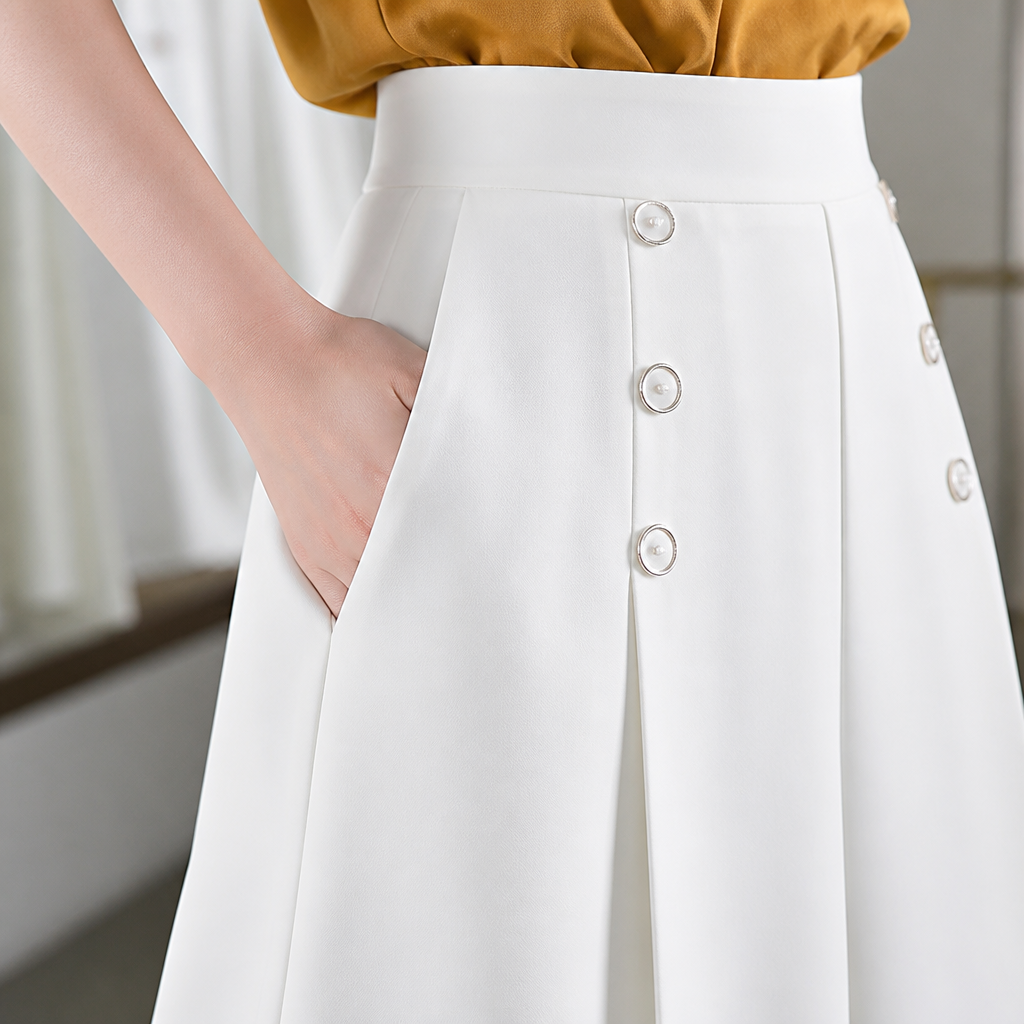VeroLuxe™ – Flowy Pleated Wide-Leg Pants with Side Button Detail