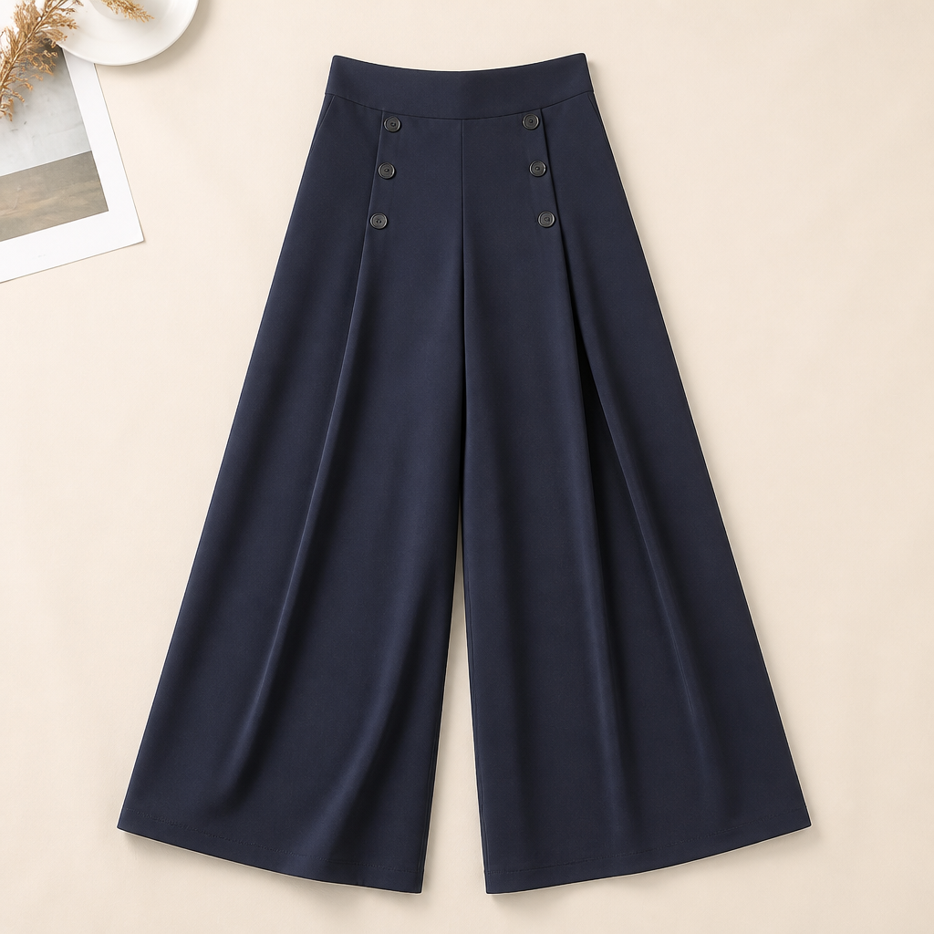 VeroLuxe™ – Flowy Pleated Wide-Leg Pants with Side Button Detail