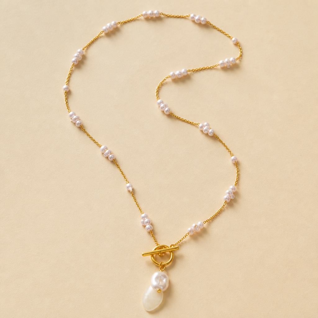 LuminaLuxe™ – Modern Pearl Toggle Necklace with Baroque Drop