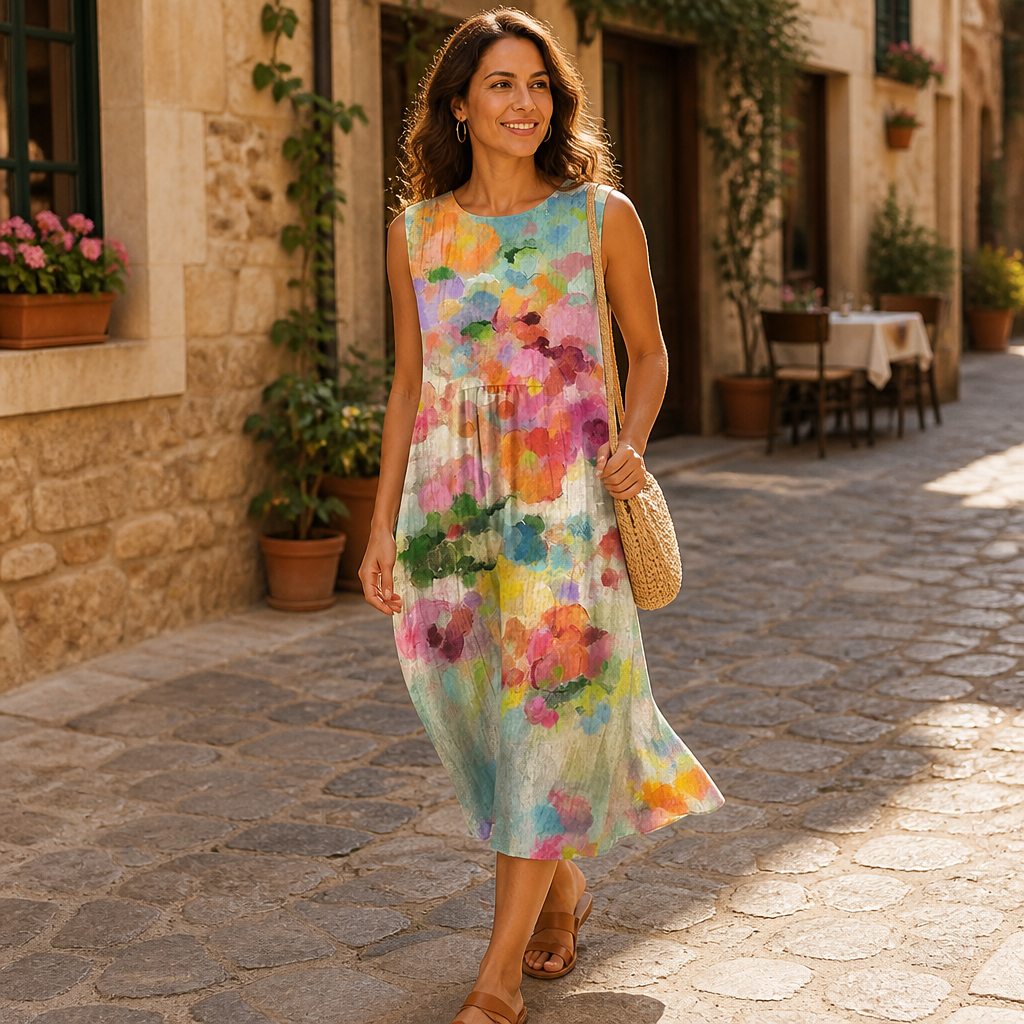 Radianta™ – Watercolor Print Sleeveless Midi Dress with Side Pockets