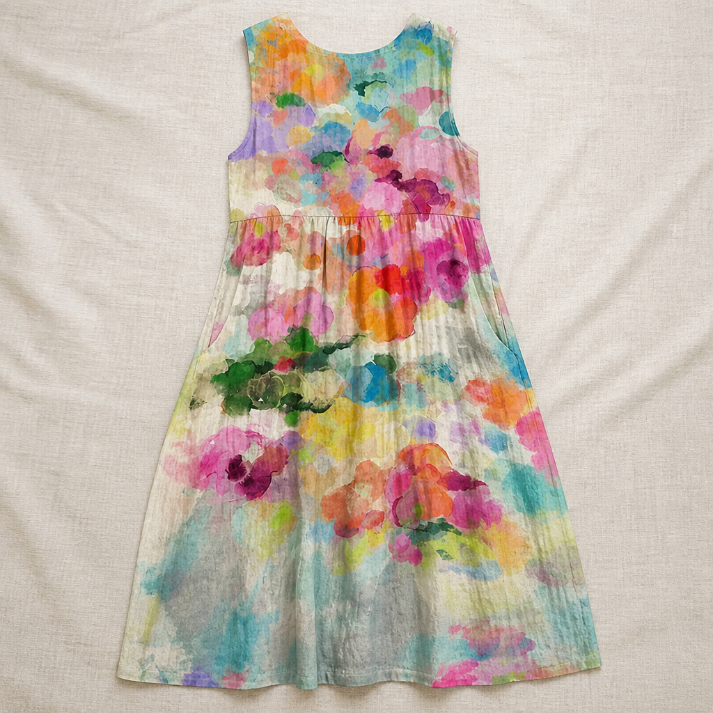 Radianta™ – Watercolor Print Sleeveless Midi Dress with Side Pockets