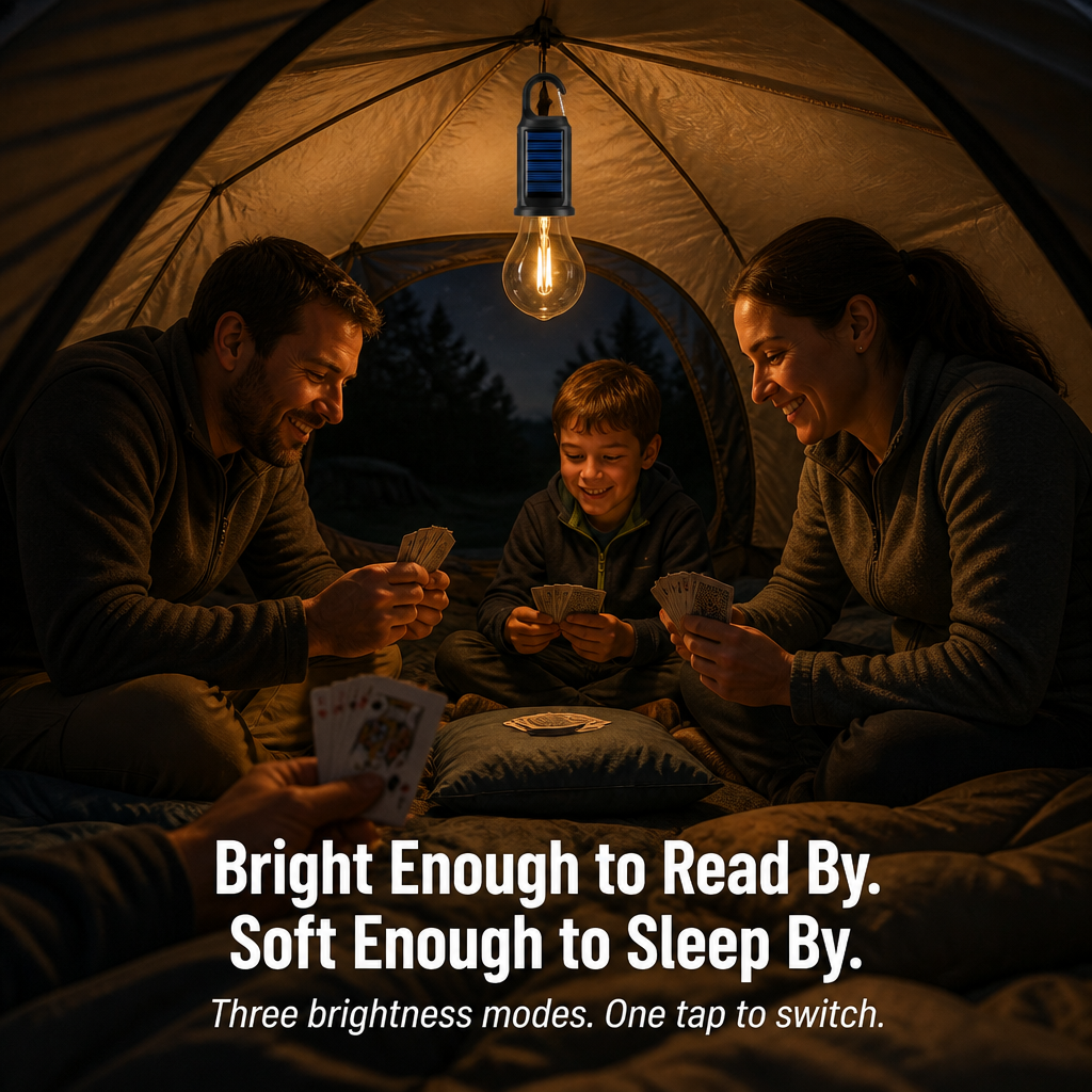 LumaVibe™ — Clip-On Solar Bulb Lights the Whole Tent All Night, No Batteries Needed