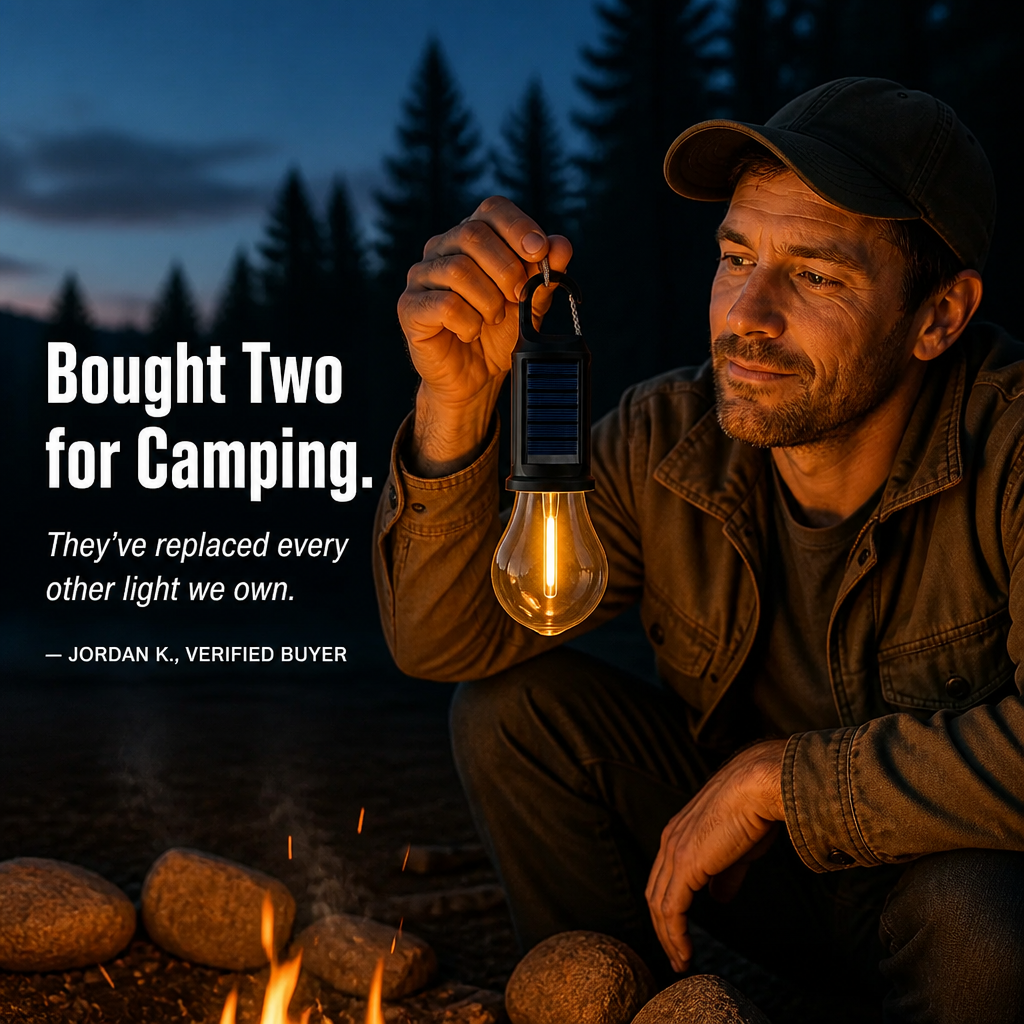 LumaVibe™ — Clip-On Solar Bulb Lights the Whole Tent All Night, No Batteries Needed
