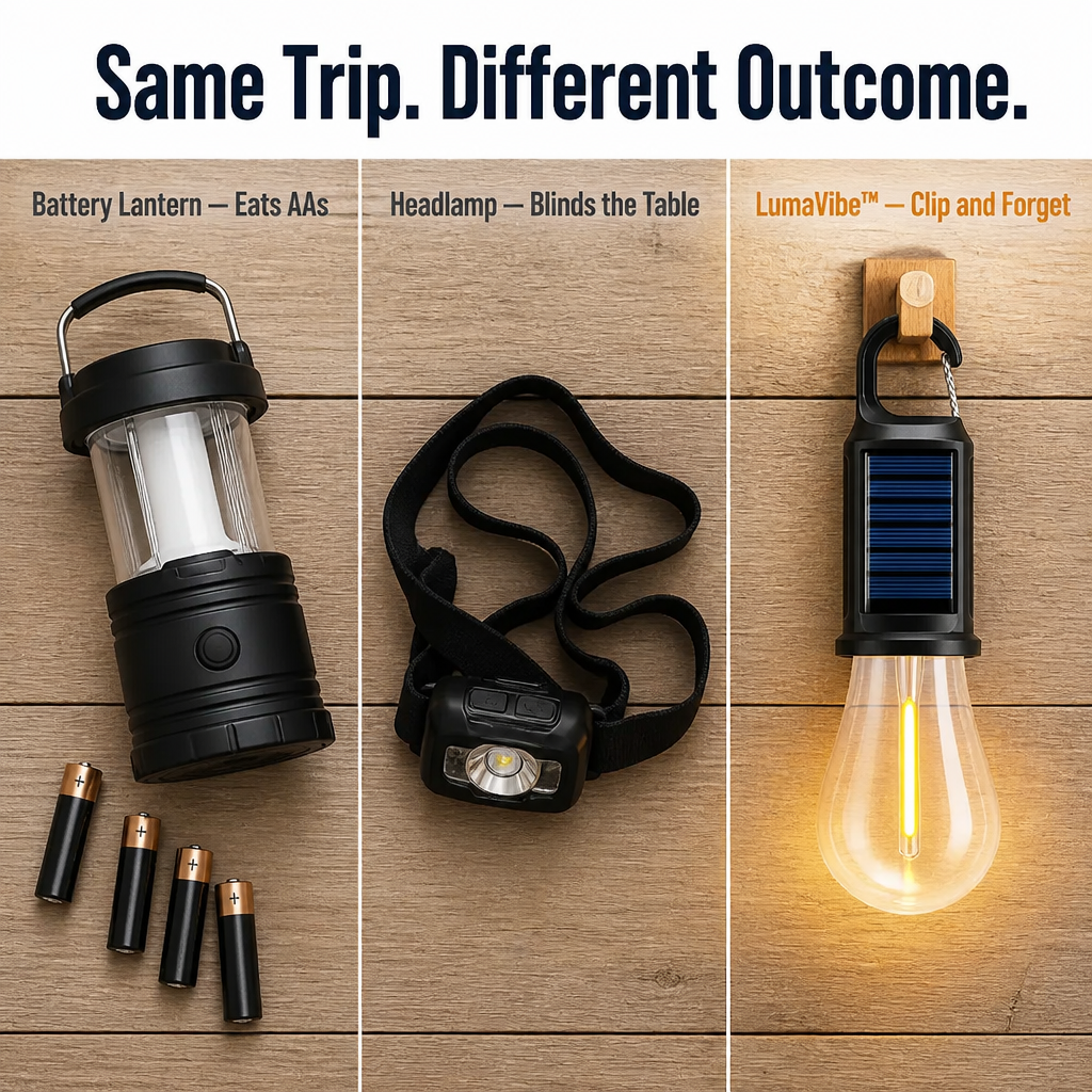 LumaVibe™ — Clip-On Solar Bulb Lights the Whole Tent All Night, No Batteries Needed