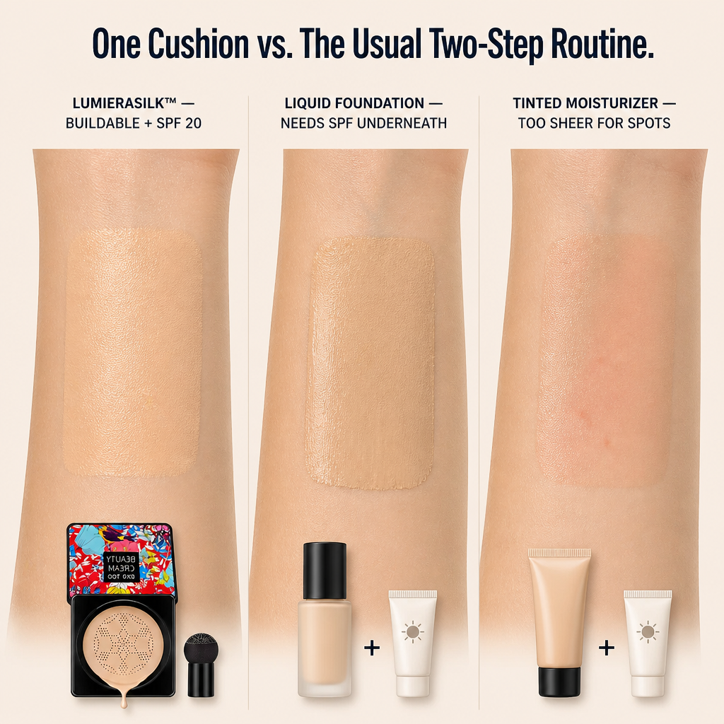 LumieraSilk™ — Cover Pores, Spots & Redness With a Skin-Like Cushion Finish | Free Mushroom Sponge Included