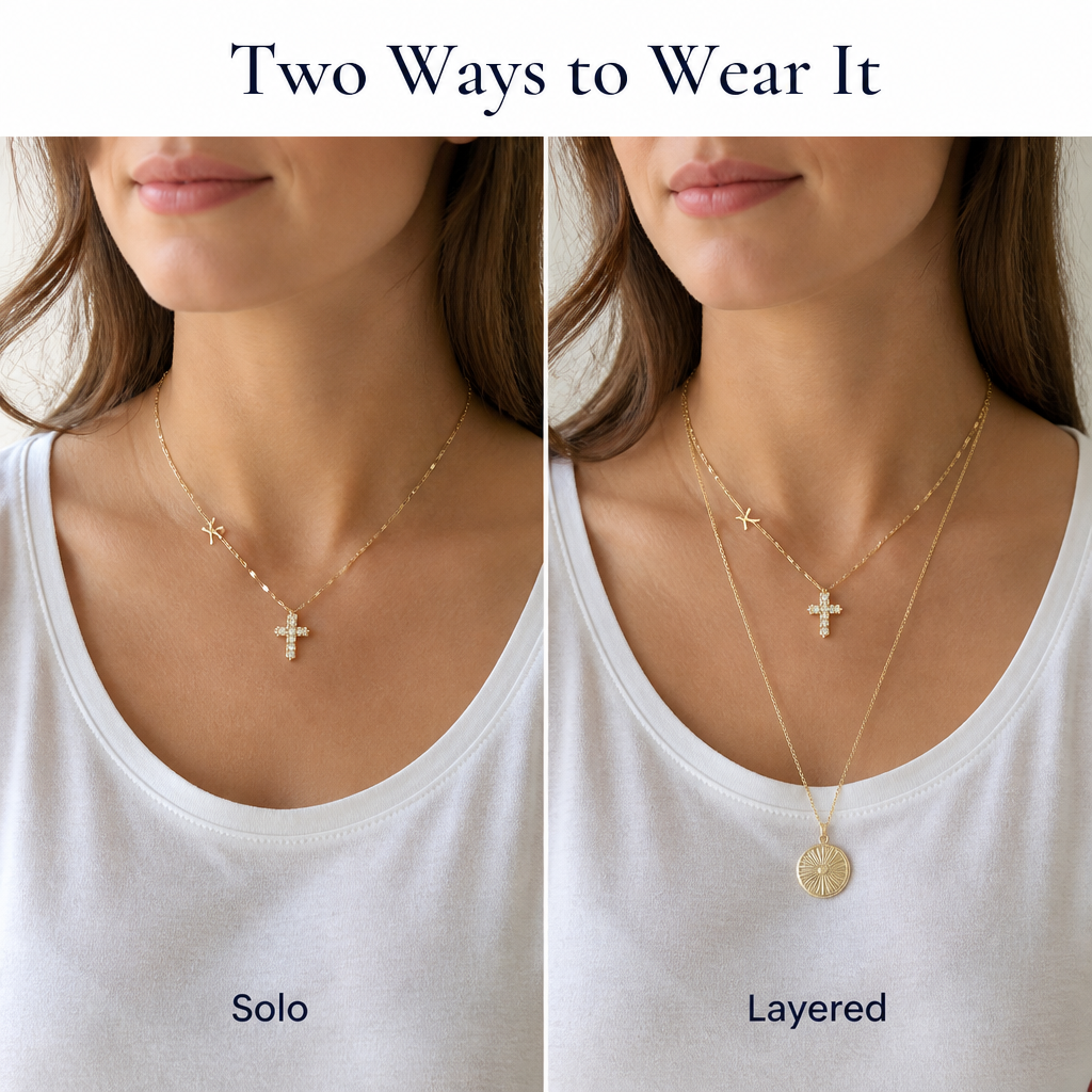 GlowAura™ — Layer Your Initial and Cross on a Light-Catching Gold Petal Chain