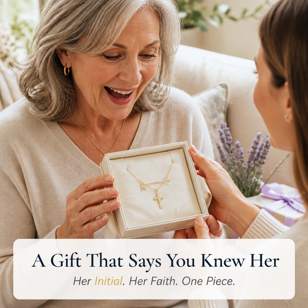 GlowAura™ — Layer Your Initial and Cross on a Light-Catching Gold Petal Chain