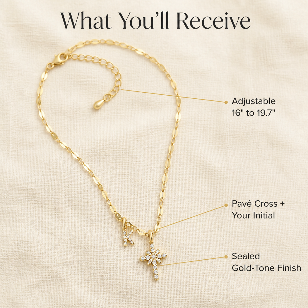 GlowAura™ — Layer Your Initial and Cross on a Light-Catching Gold Petal Chain