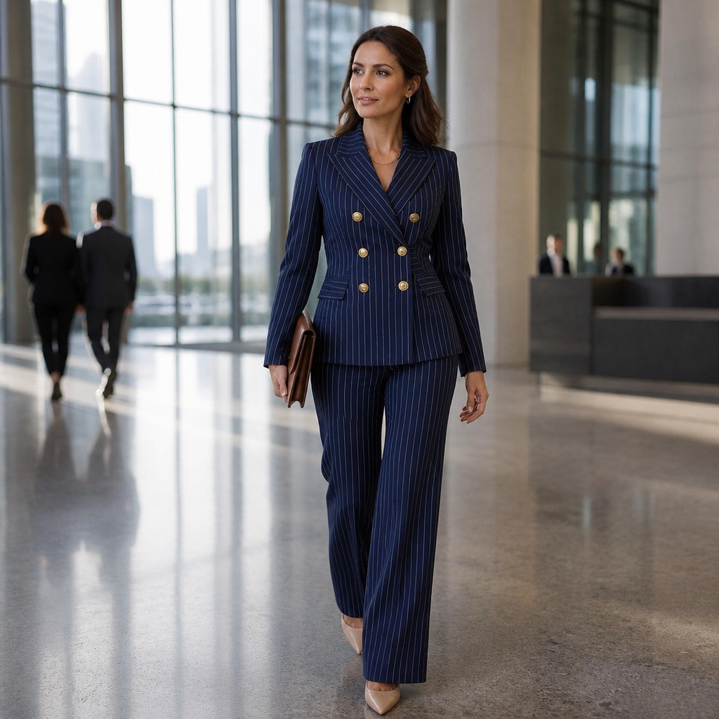 Lumiera™ – Tailored Pinstripe Double-Breasted Blazer Suit Set