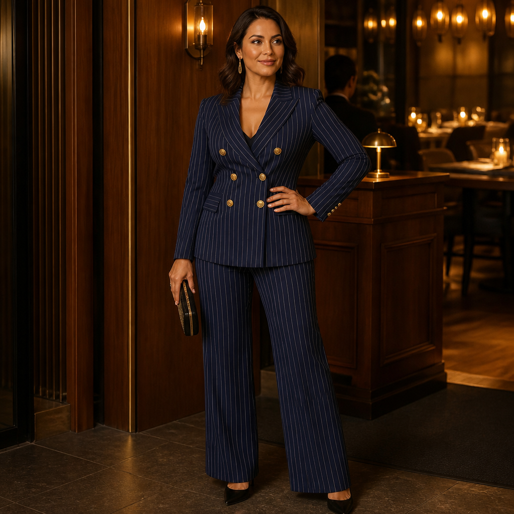 Lumiera™ – Tailored Pinstripe Double-Breasted Blazer Suit Set