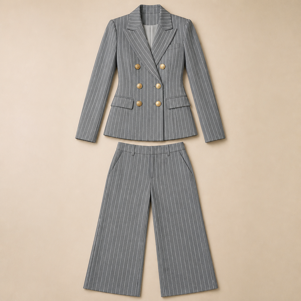 Lumiera™ – Tailored Pinstripe Double-Breasted Blazer Suit Set