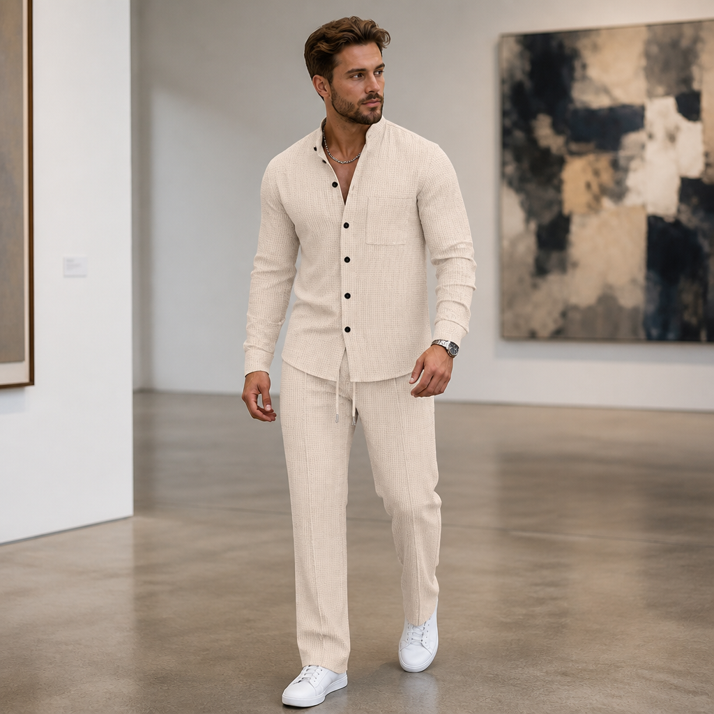 RavenaLux™ – Tailored Waffle Knit Mandarin Collar Shirt & Pants Set