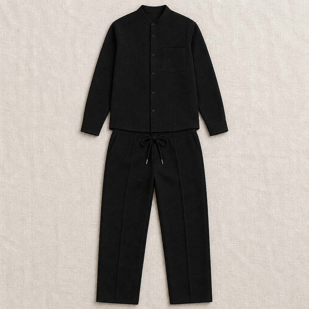 RavenaLux™ – Tailored Waffle Knit Mandarin Collar Shirt & Pants Set