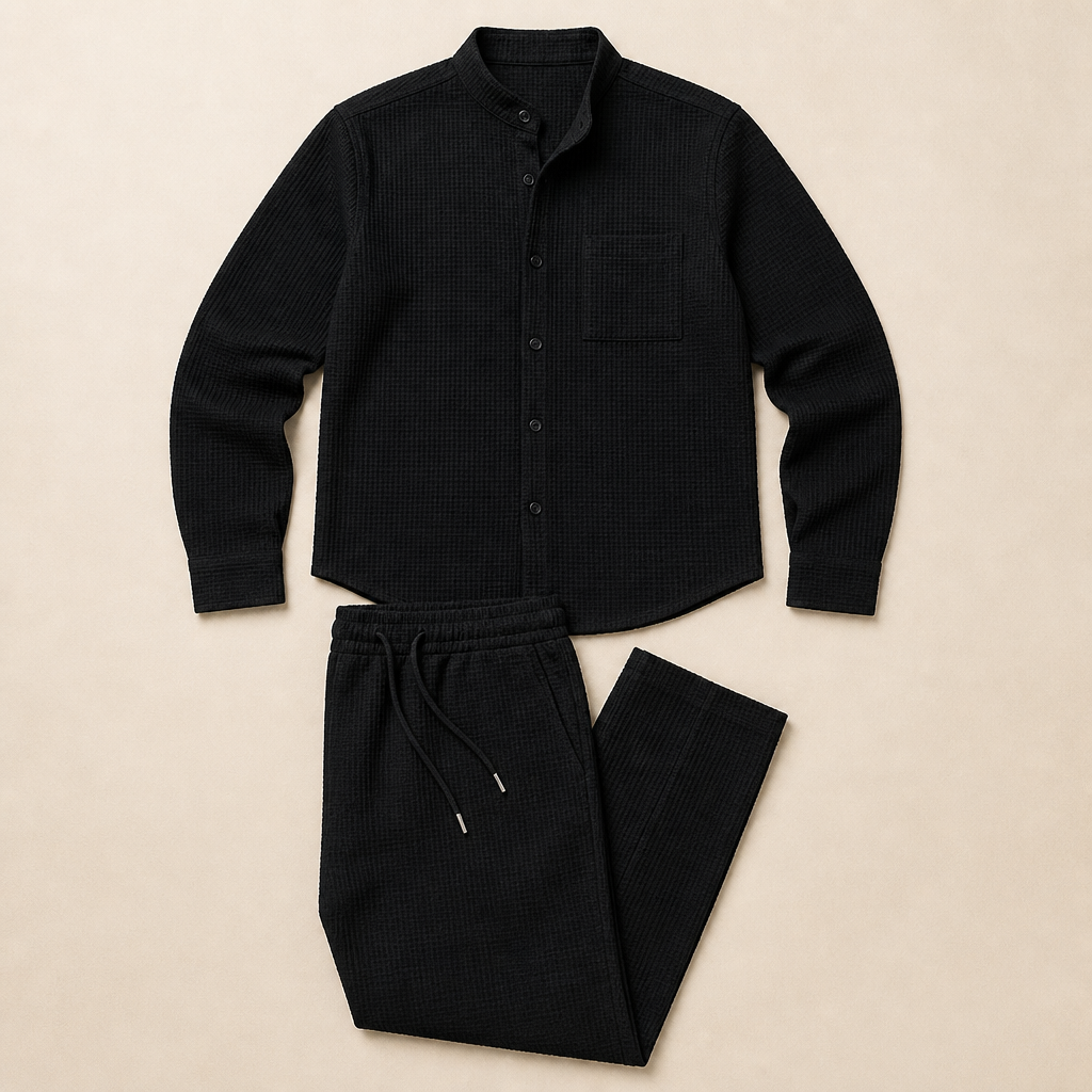 RavenaLux™ – Tailored Waffle Knit Mandarin Collar Shirt & Pants Set