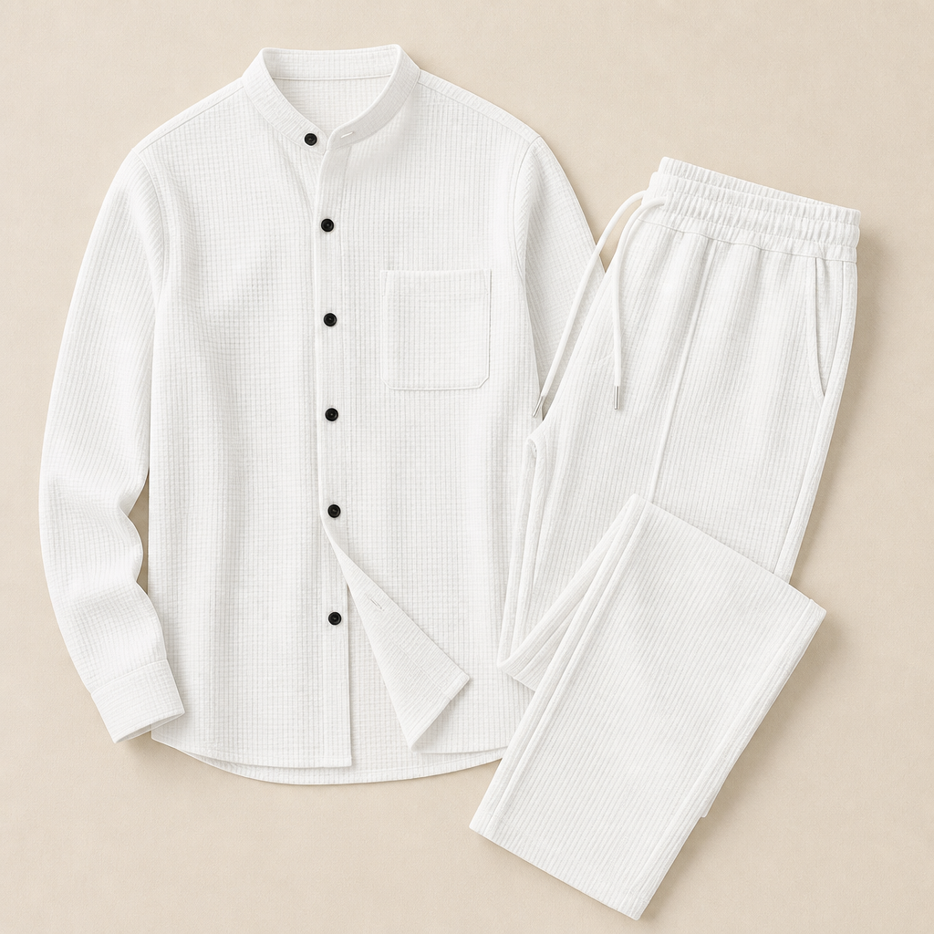 RavenaLux™ – Tailored Waffle Knit Mandarin Collar Shirt & Pants Set