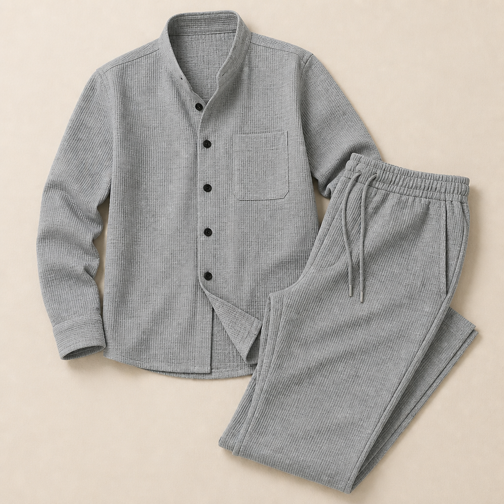 RavenaLux™ – Tailored Waffle Knit Mandarin Collar Shirt & Pants Set