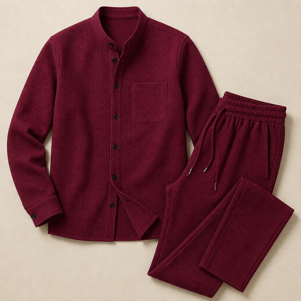 RavenaLux™ – Tailored Waffle Knit Mandarin Collar Shirt & Pants Set