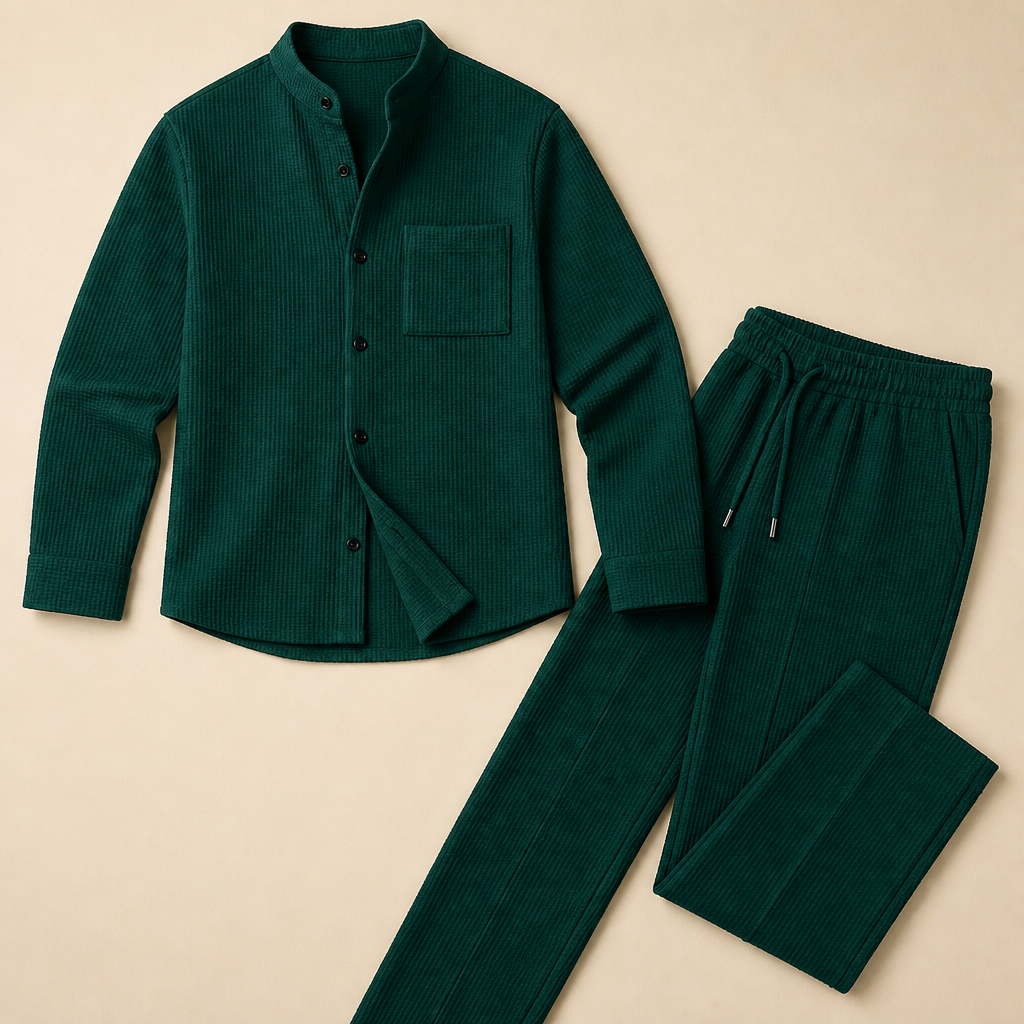 RavenaLux™ – Tailored Waffle Knit Mandarin Collar Shirt & Pants Set