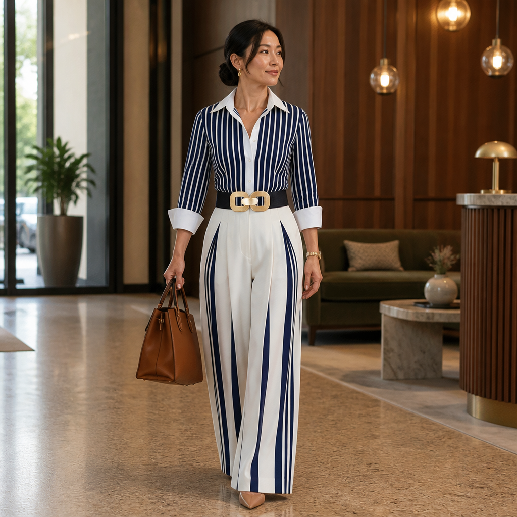 FlexiSilk™ – Chic Striped Shirt and Wide-Leg Trouser Set