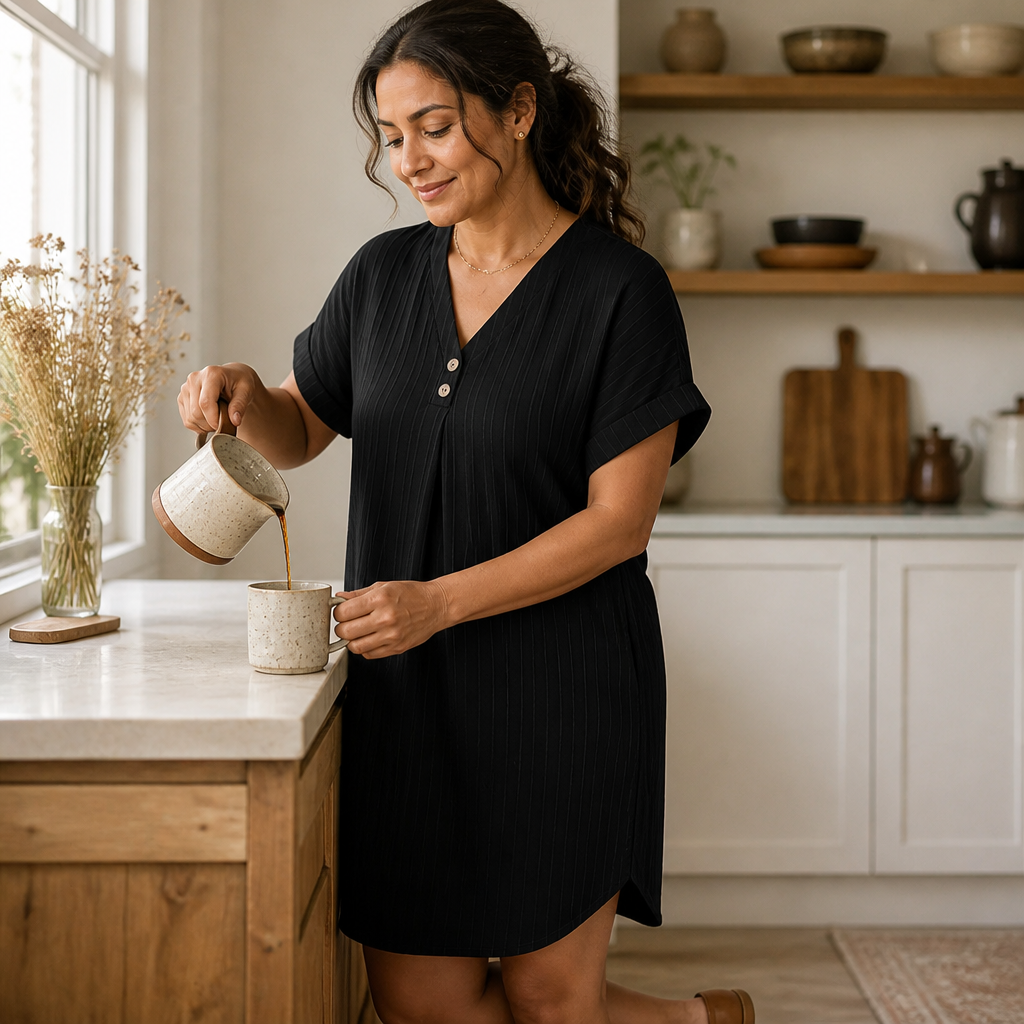 Veloria™ – Relaxed Ribbed V-Neck Shift Dress with Button Detail