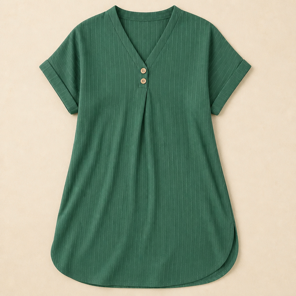 Veloria™ – Relaxed Ribbed V-Neck Shift Dress with Button Detail