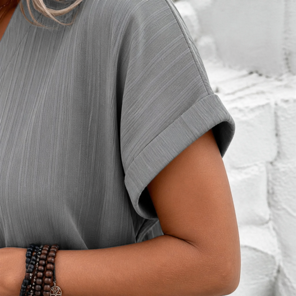 Veloria™ – Relaxed Ribbed V-Neck Shift Dress with Button Detail