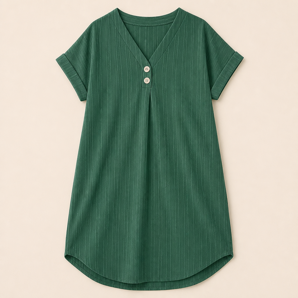 Veloria™ – Relaxed Ribbed V-Neck Shift Dress with Button Detail