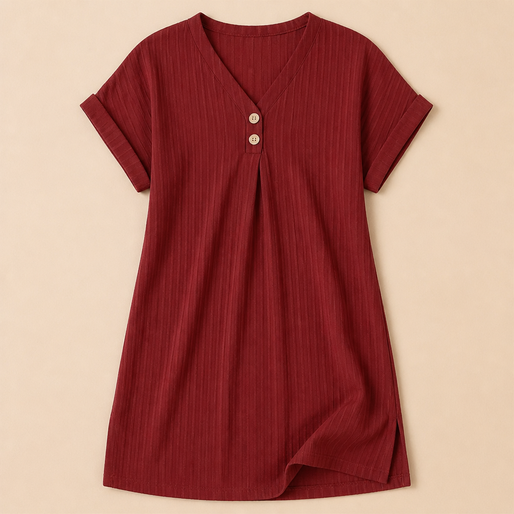 Veloria™ – Relaxed Ribbed V-Neck Shift Dress with Button Detail