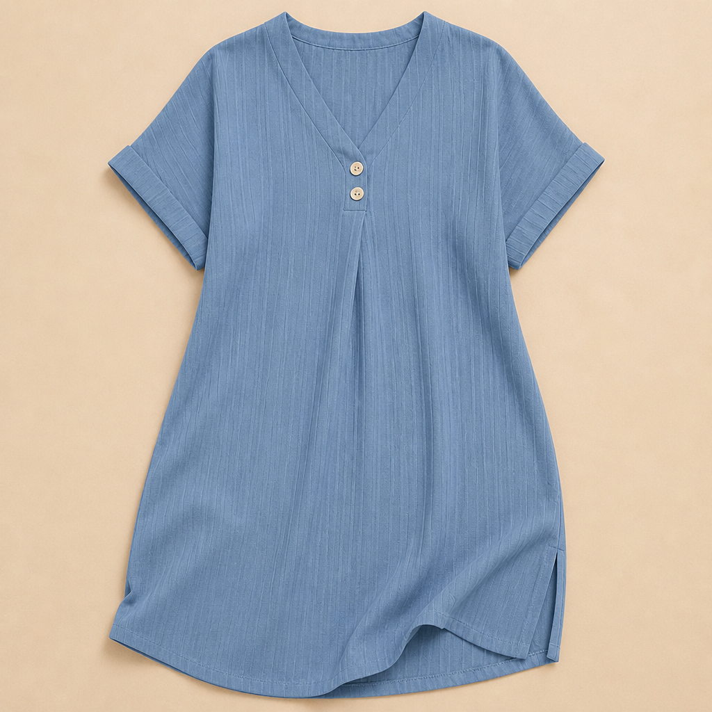 Veloria™ – Relaxed Ribbed V-Neck Shift Dress with Button Detail