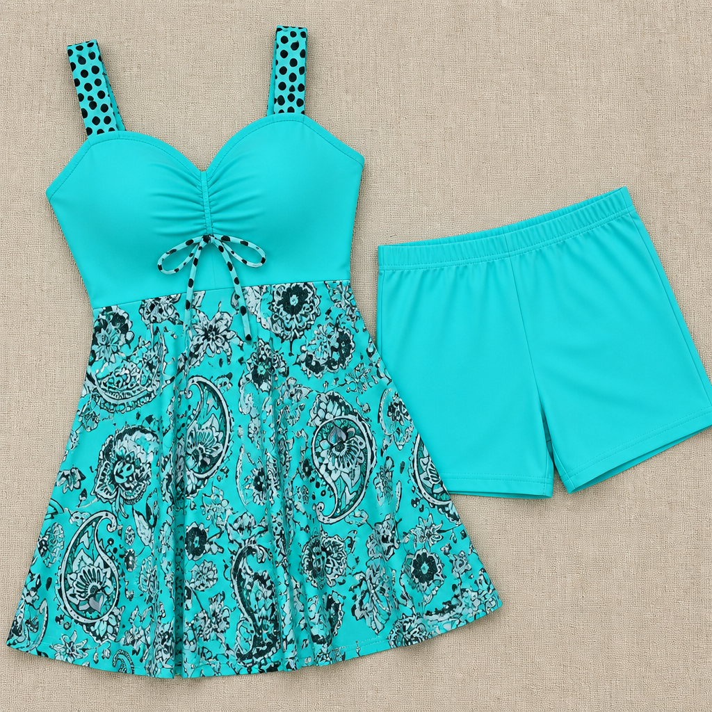 OceaniAura™ – Flowy Paisley Tankini Swim Dress with Boxer Shorts