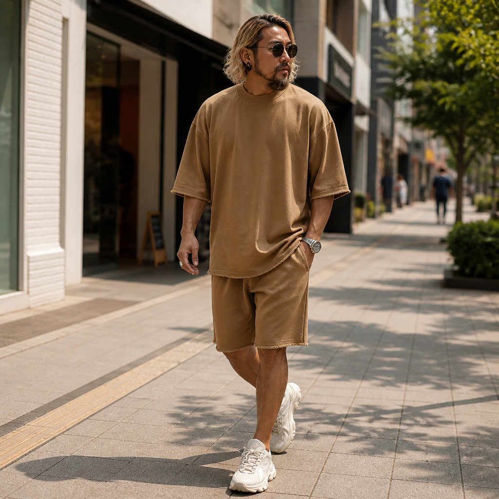 ArdentFlex™ – Relaxed Oversized Raw-Edge Tee & Shorts Set