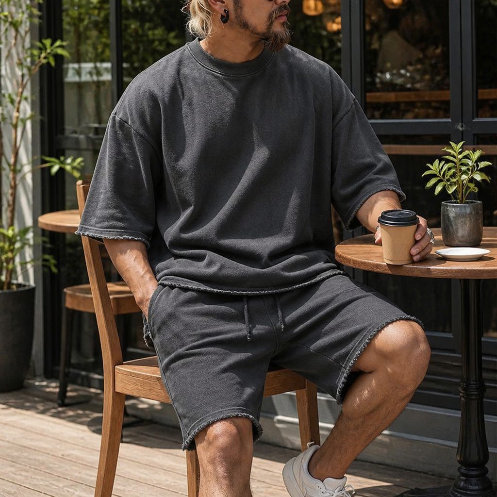 ArdentFlex™ – Relaxed Oversized Raw-Edge Tee & Shorts Set