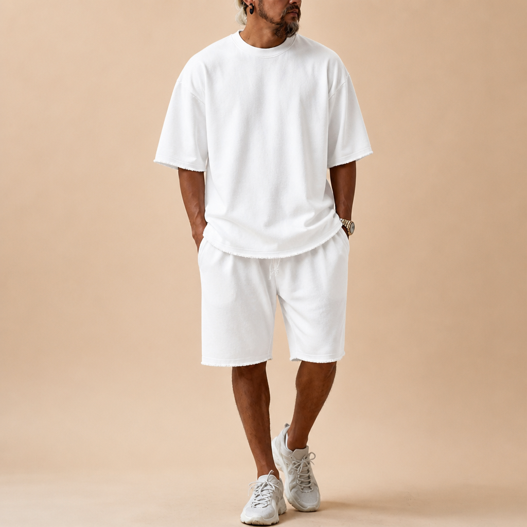 ArdentFlex™ – Relaxed Oversized Raw-Edge Tee & Shorts Set