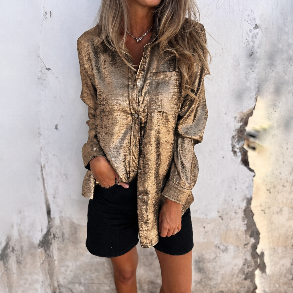 SilkenShade™ – Lustrous Metallic Button-Up Shirt with Lapel Collar
