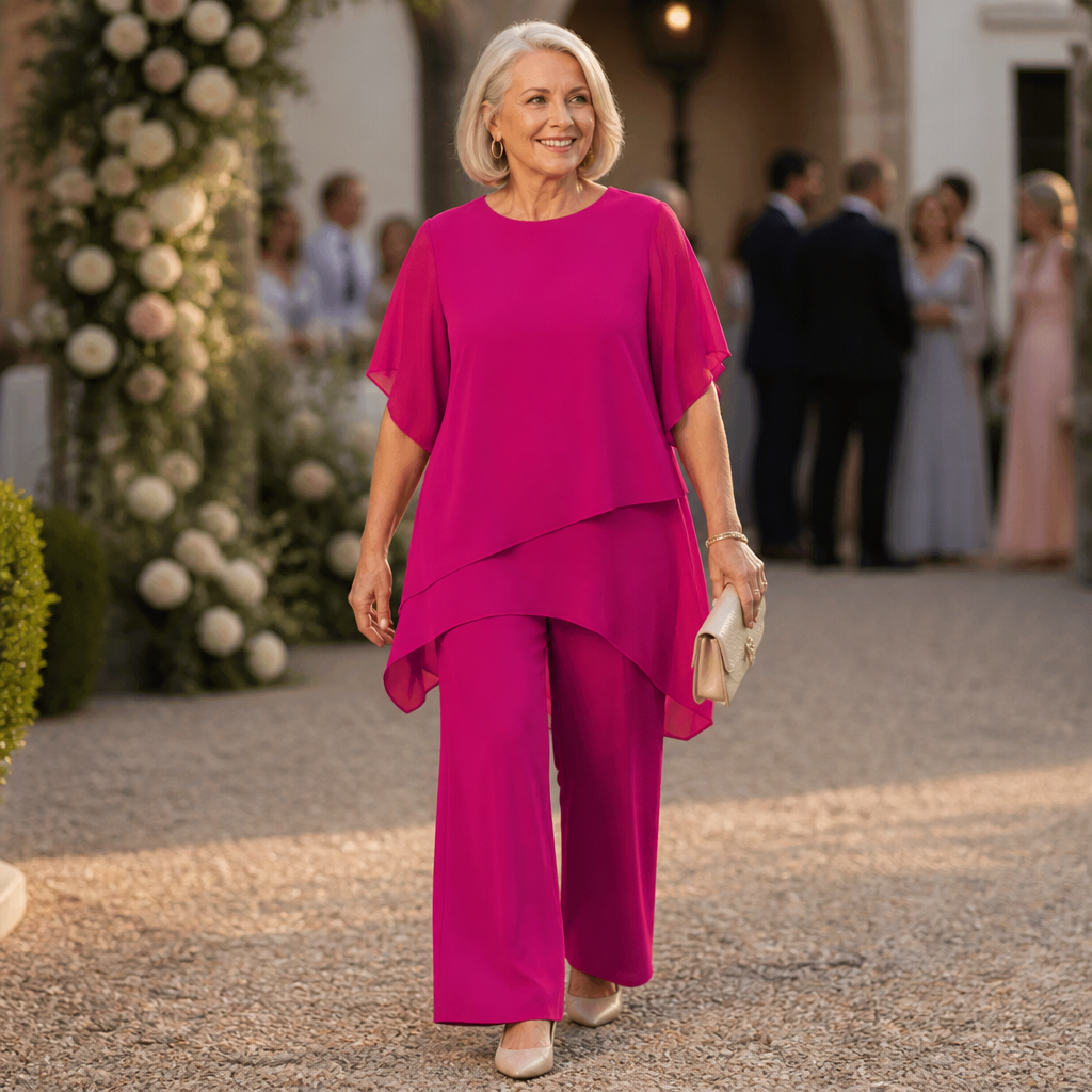 VeloraFit™ – Elegant Asymmetric Chiffon Two-Piece Pant Set