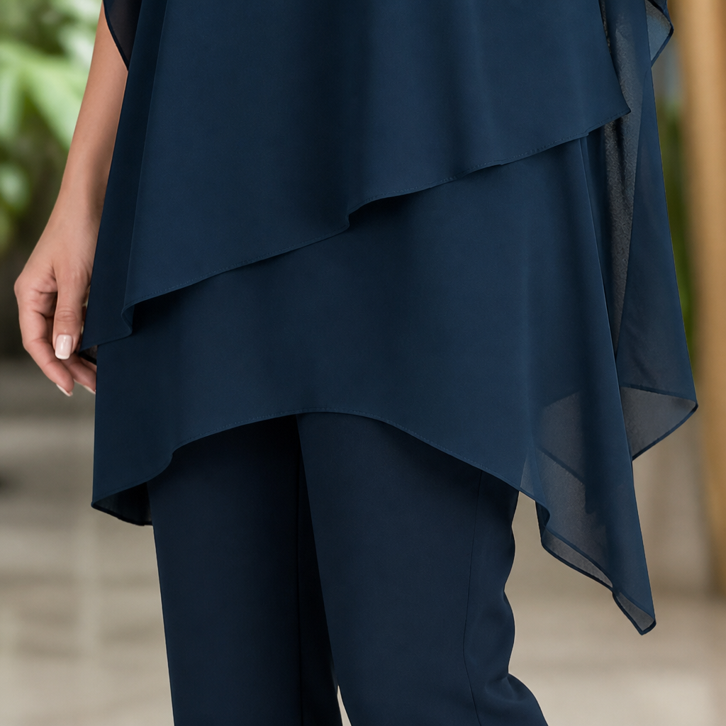 VeloraFit™ – Elegant Asymmetric Chiffon Two-Piece Pant Set
