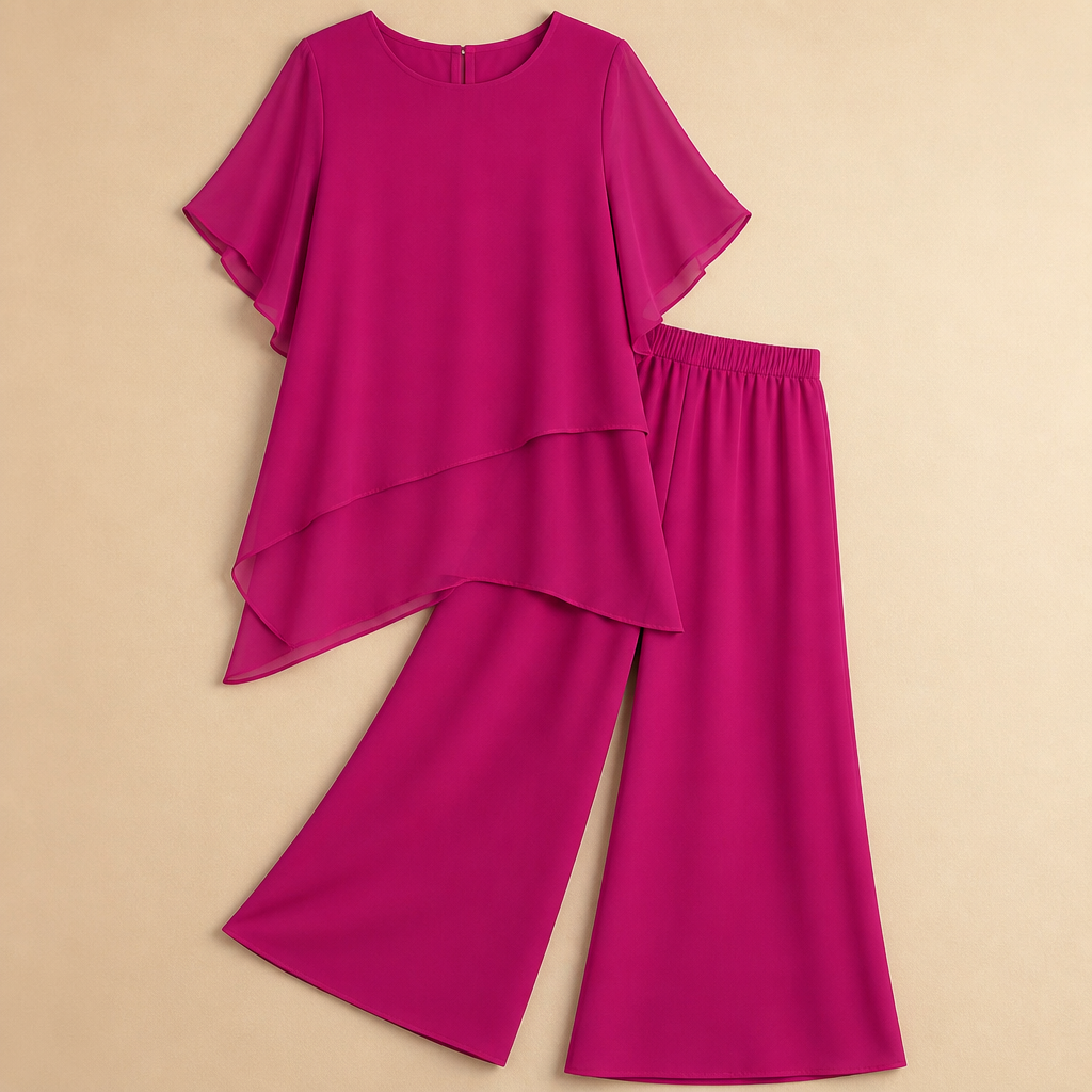 VeloraFit™ – Elegant Asymmetric Chiffon Two-Piece Pant Set