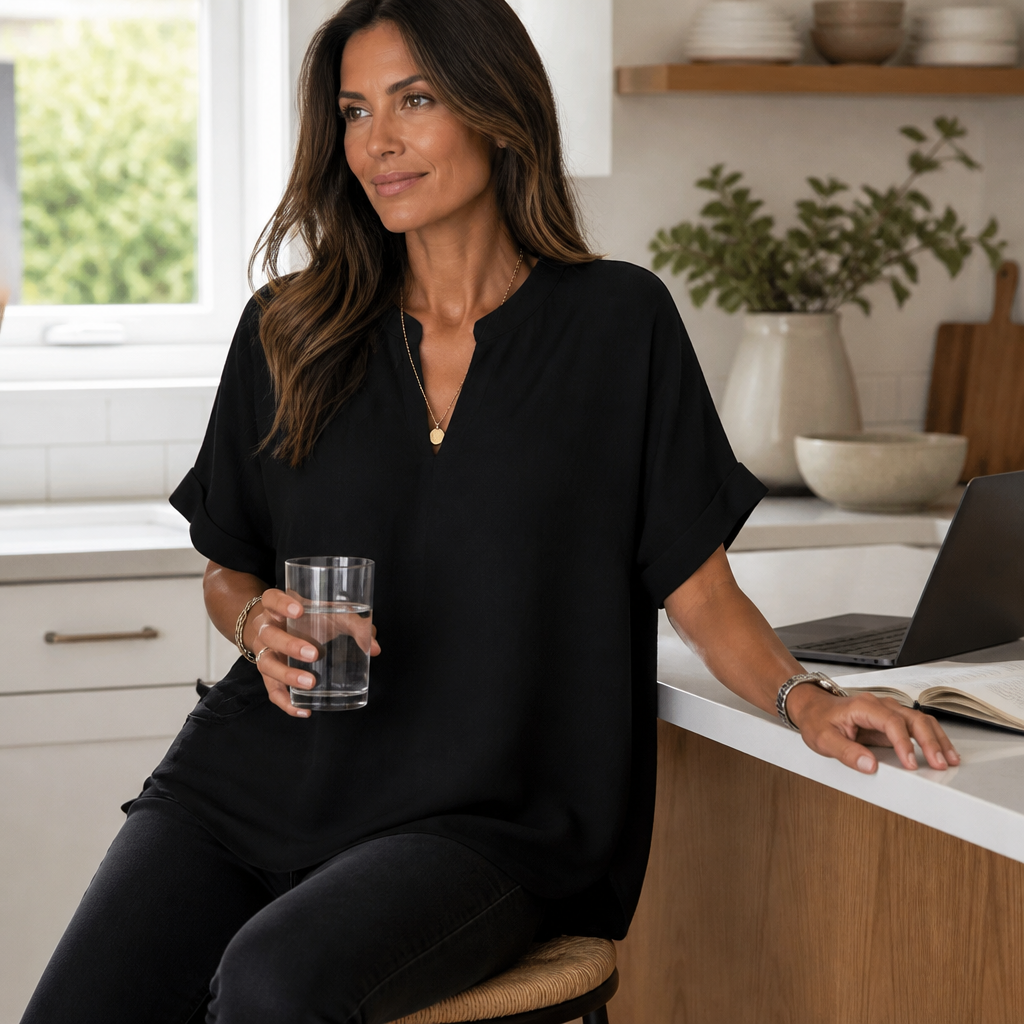 Silkora™ – Relaxed V-Neck Blouse with Curved Hem