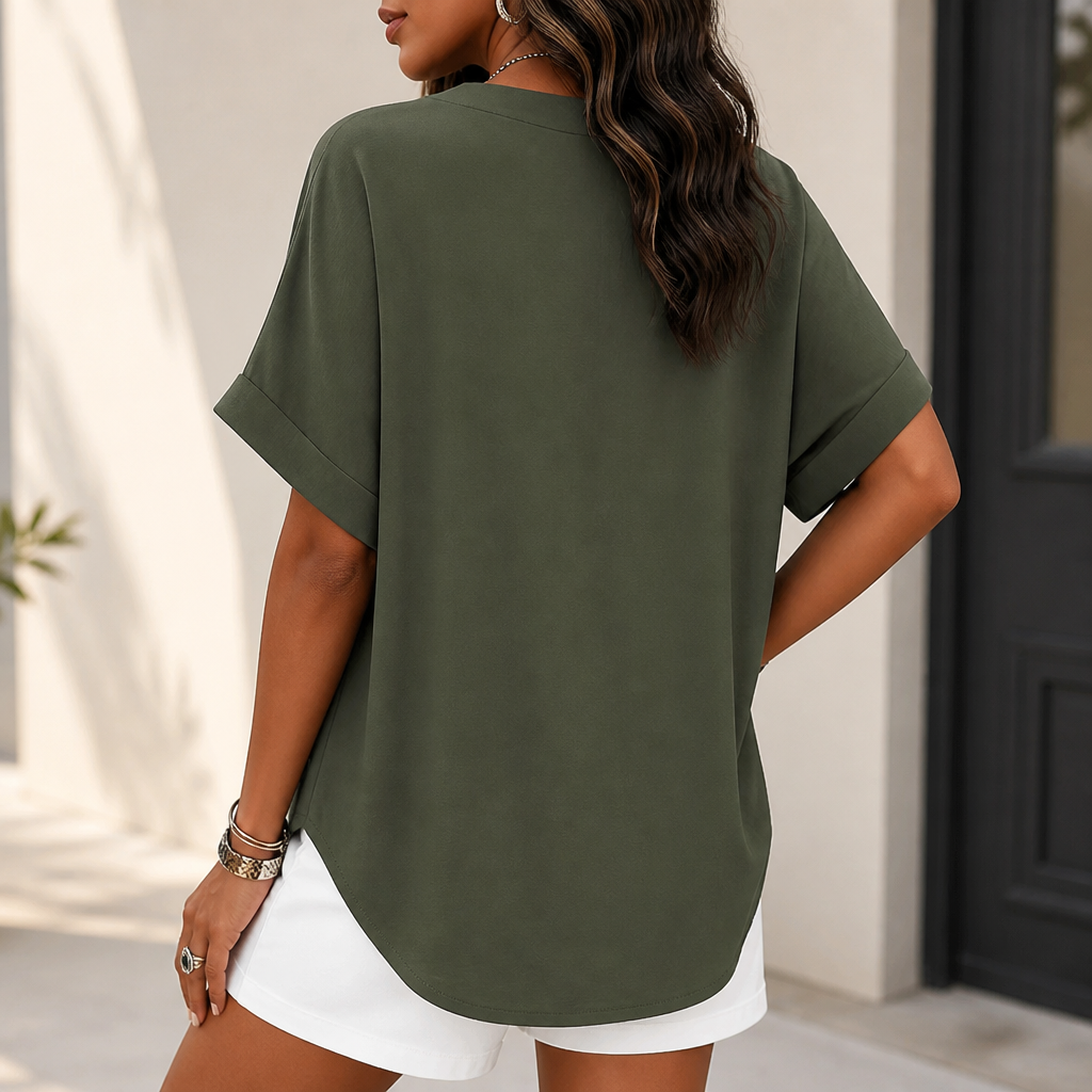 Silkora™ – Relaxed V-Neck Blouse with Curved Hem
