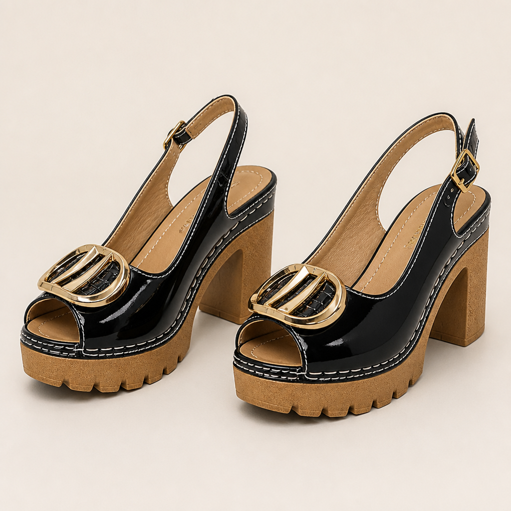 VivantaStrut™ – Bold Chunky Platform Slingback Heels with Gold Buckle