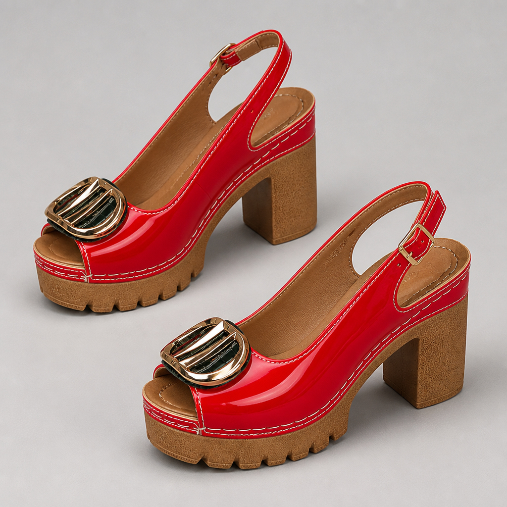 VivantaStrut™ – Bold Chunky Platform Slingback Heels with Gold Buckle