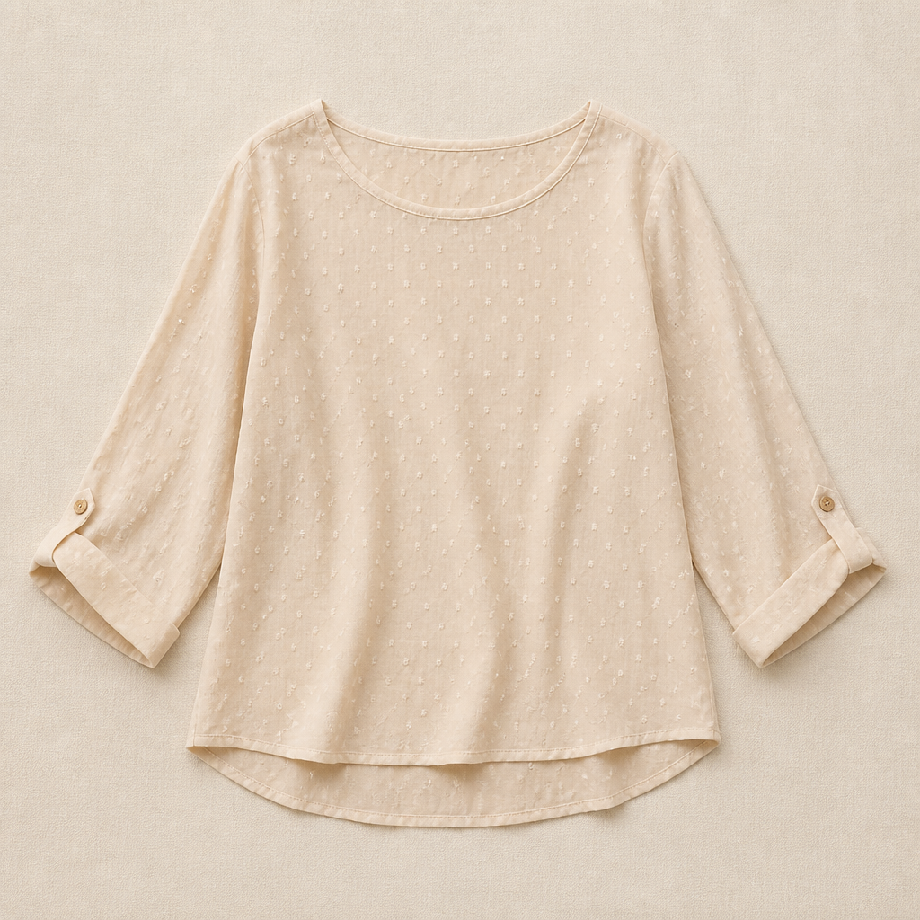 SilkoraWave™ – Relaxed Swiss-Dot Top with Buttoned Sleeve Tabs