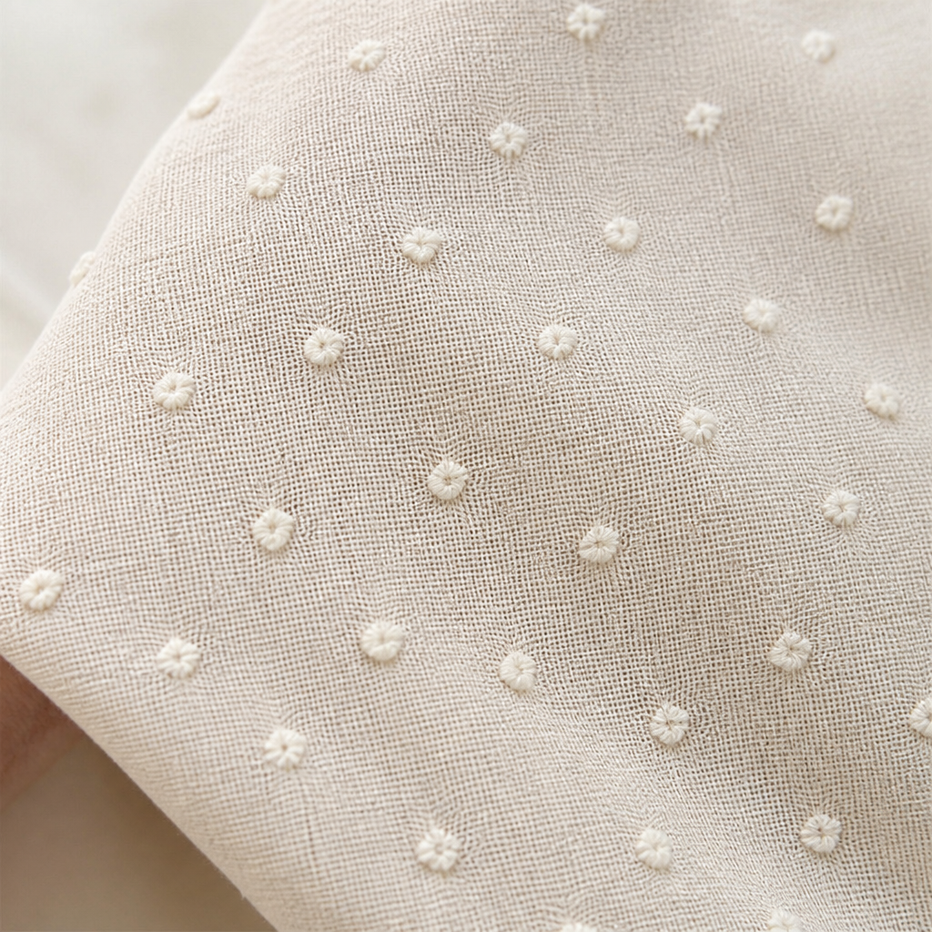 SilkoraWave™ – Relaxed Swiss-Dot Top with Buttoned Sleeve Tabs