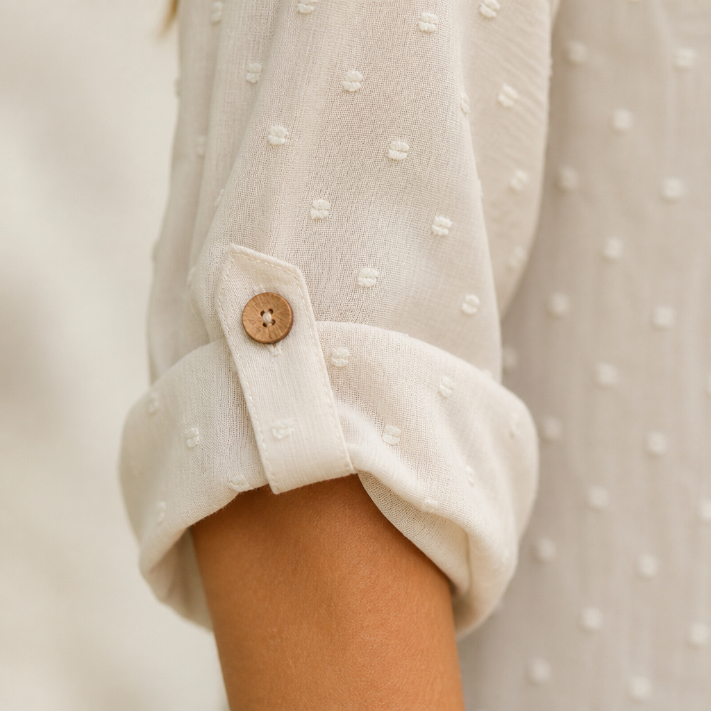 SilkoraWave™ – Relaxed Swiss-Dot Top with Buttoned Sleeve Tabs