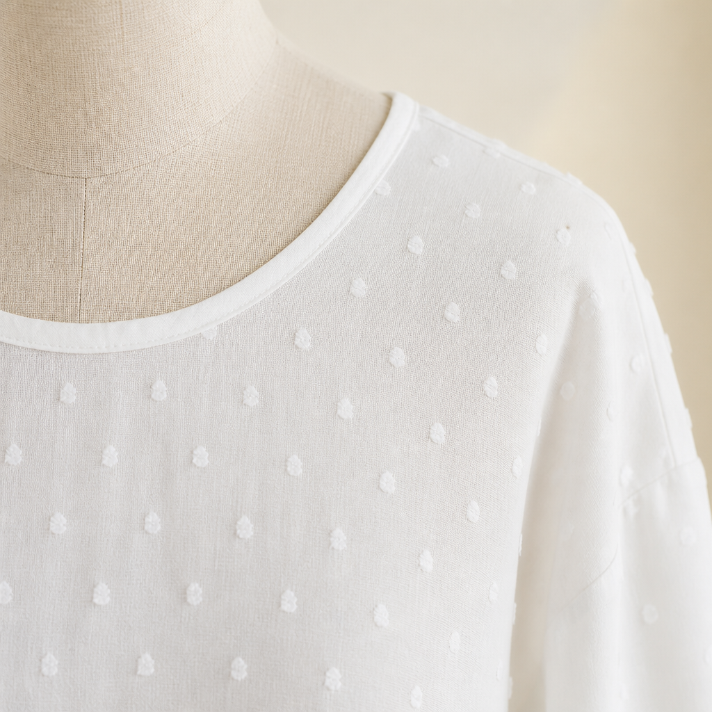 SilkoraWave™ – Relaxed Swiss-Dot Top with Buttoned Sleeve Tabs