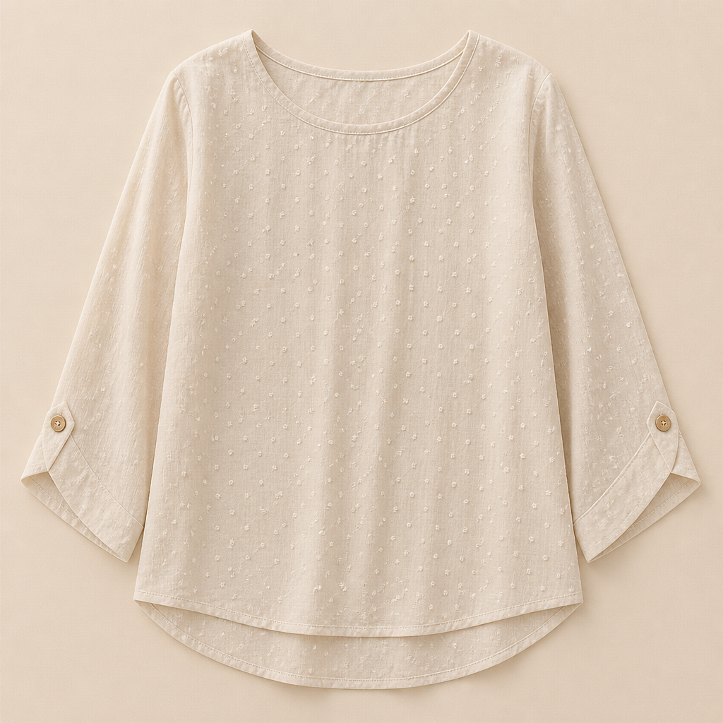 SilkoraWave™ – Relaxed Swiss-Dot Top with Buttoned Sleeve Tabs