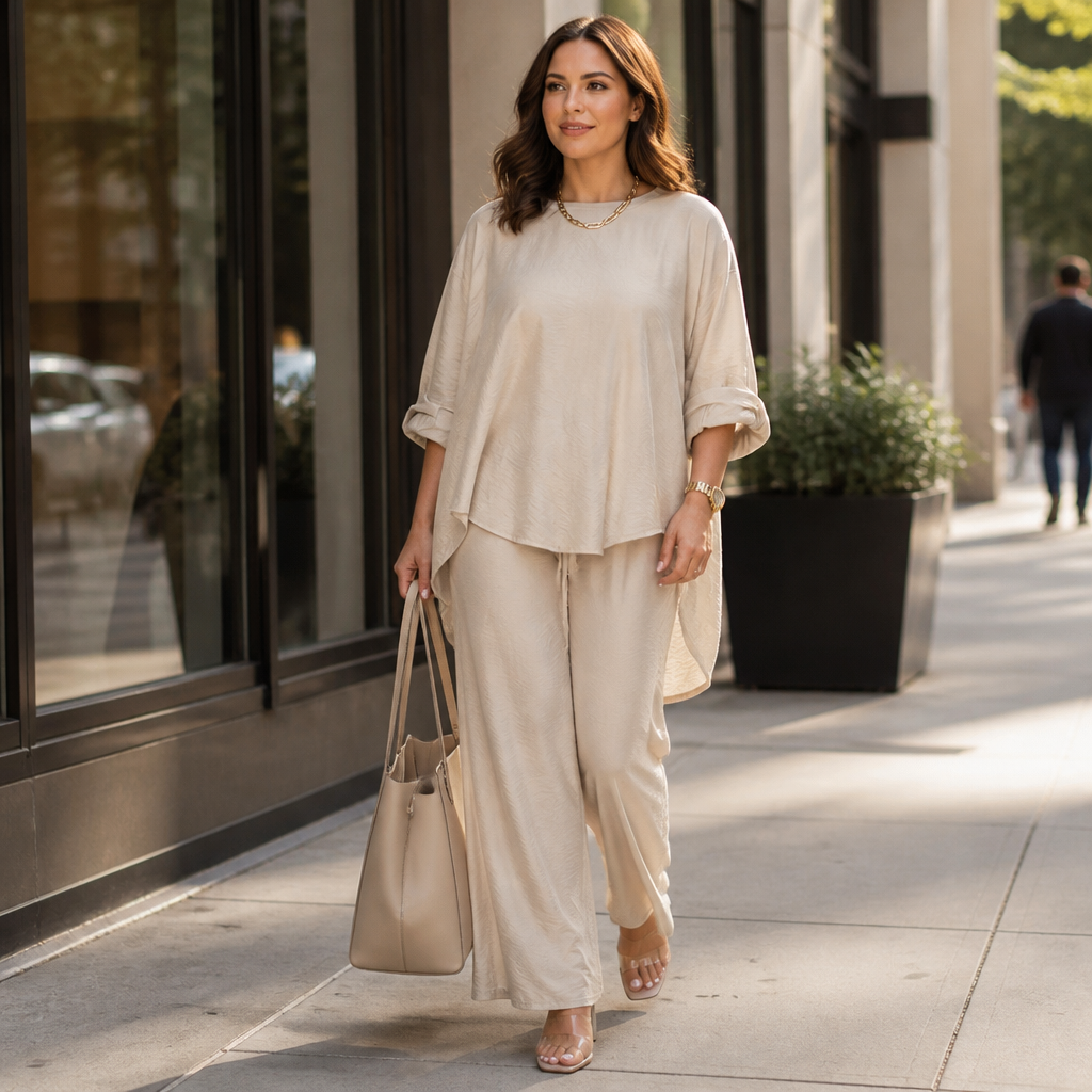 TrueStyle™ – Relaxed Two-Piece Set with Asymmetric Hem & Wide-Leg Pants