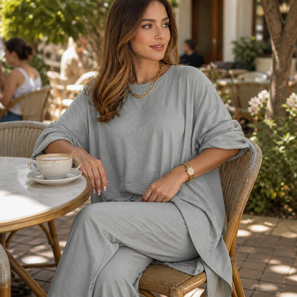 TrueStyle™ – Relaxed Two-Piece Set with Asymmetric Hem & Wide-Leg Pants
